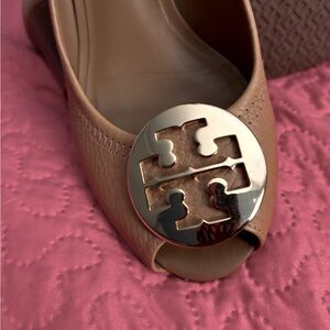 Tory Burch Sally Peep Toe (Tan) Leather Wedge